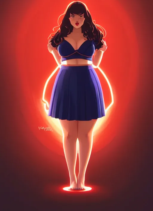 Image similar to full body portrait of teenage veronica lodge, obese, bangs, sultry, realistic, sultry smirk, wavy hair, red skirt, fat, belly, intricate, elegant, glowing lights, highly detailed, digital painting, artstation, concept art, smooth, sharp focus, illustration, art by wlop, mars ravelo and greg rutkowski