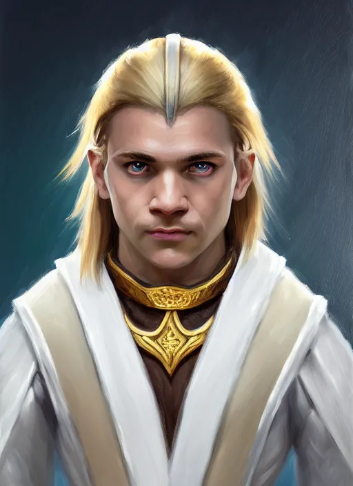 Image similar to symmetry!! oil painting digital art dungeons & dragons facial portrait of a caucasian halfling male cleric, with a ponytail, white robe with gold accents, white and brown robe with gold accents, necklace of a footprint, elegant, highly detailed, digital painting, artstation, concept art, sharp focus, illustration