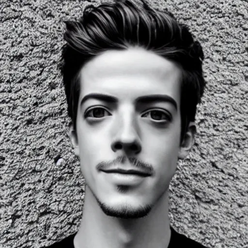 Image similar to “a realistic detailed photo of a guy who is an attractive humanoid who is half robot and half humanoid, who is a male android, actor Grant Gustin, shiny skin, posing like a statue, blank stare, by the pool, on display”