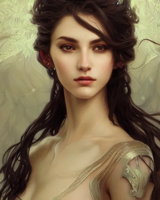 Image similar to close up portrait of a unsplash portrait model, soft hair, half body, leather, d & d, fantasy, intricate, elegant, highly detailed, digital painting, artstation, concept art, smooth, sharp focus, illustration, art by artgerm and greg rutkowski and alphonse mucha