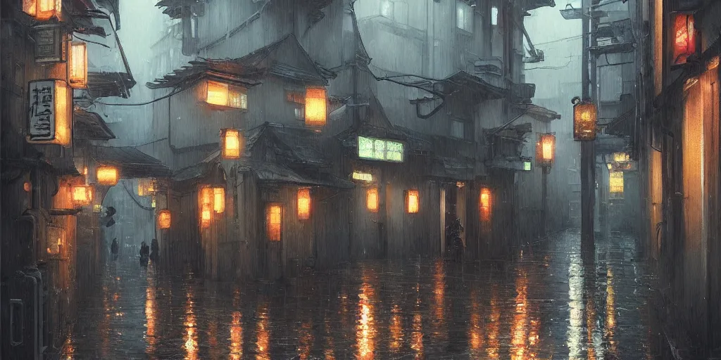 Image similar to a painting of a rain soaked back street in osaka, digital art, trending on artstation, by studio ghibli and greg rutkowski. spirited away. trending on artstation, hyperrealism, unreal engine