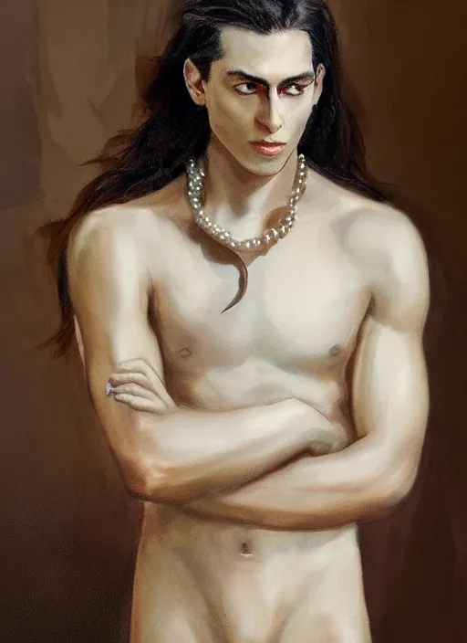 Image similar to a very skinny young Tarzan, with long dark brown slicked back hair shoulder length slicked back hair, with pearl necklace and pearl earing, in the museum, in white turtleneck shirt, Tarzan, painting in the museum, highly detailed, sharp focus, digital painting