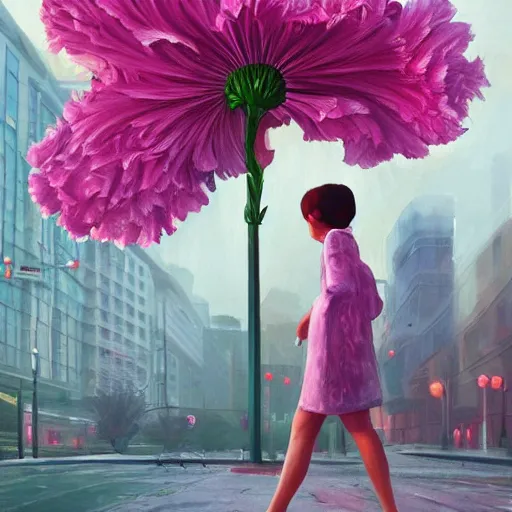 Prompt: giant carnation flower head, woman walking in a modern city, surreal photography, dramatic light, impressionist painting, digital painting, artstation, simon stalenhag