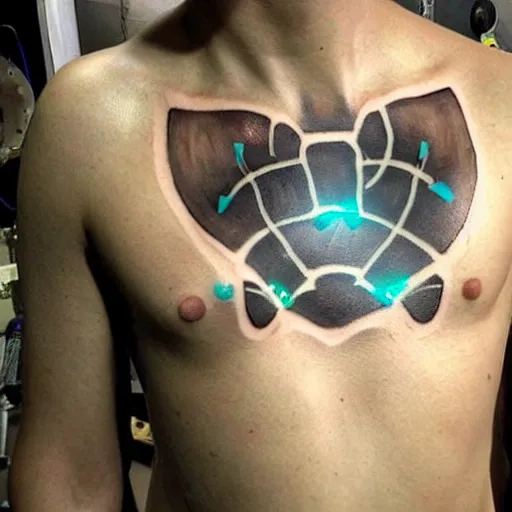 Prompt: chest tattoo of a hole in the skin with a metallic robot mechanic inside under the skin, glowing cables and tubes, insanely integrate,