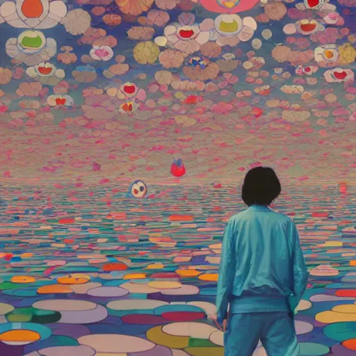 Image similar to a man walking on clouds away from the camera above kyoto by takashi murakami, beeple and james jean, aya takano color style, 4 k, super detailed, modern, 4 k, symmetrical