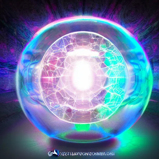 Prompt: psychonautist in a crystal sphere, digital painting, award winning, volumetric lighting