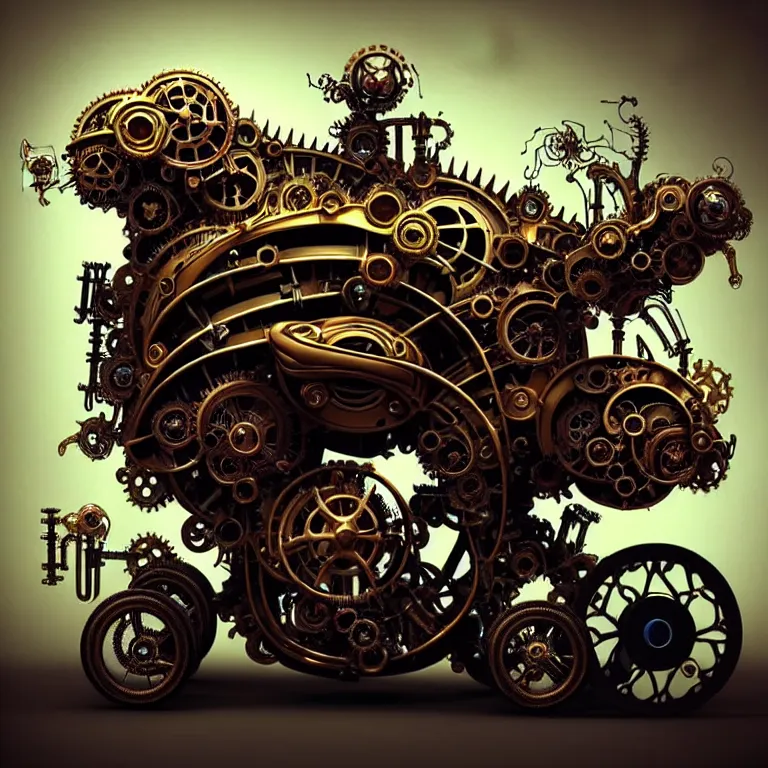 Image similar to biomechanical shiny steampunk vehicle reminiscent of very fast sportscar with robotic parts and (glowing) lights parked in ancient lush palace, gothic and baroque, brutalist architecture, ultradetailed, creepy ambiance, fog, artgerm, giger, Intricate by Ellen Jewett and Josan Gonzalez and Giuseppe Arcimboldo