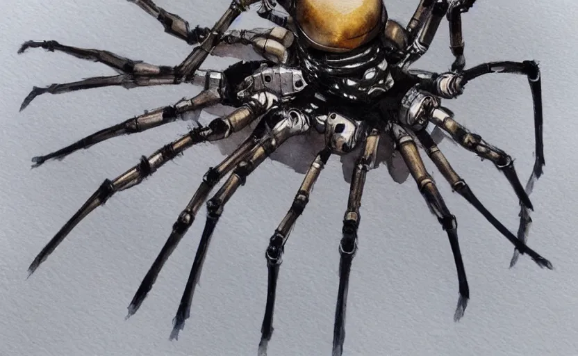 Image similar to concept art of a spider in robot, pinterest, artstation trending, behance, watercolor, by coby whitmore, silver, laser light,