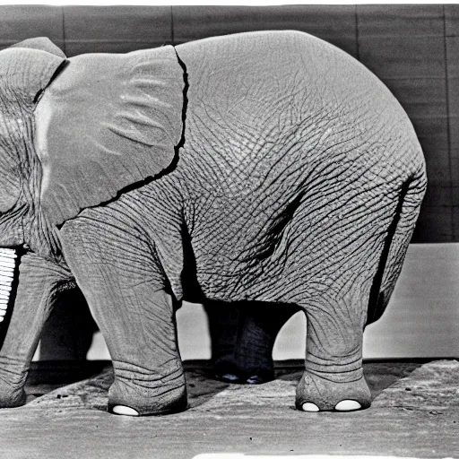 Image similar to The first known case of a human with an elephant trunk, circa 1982, colorized black and white photograph