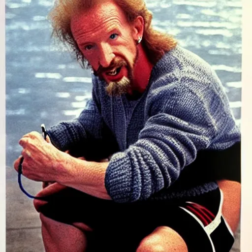 Image similar to Diamond Dallas Page knitting!!, candid photograph by Annie Leibovitz.