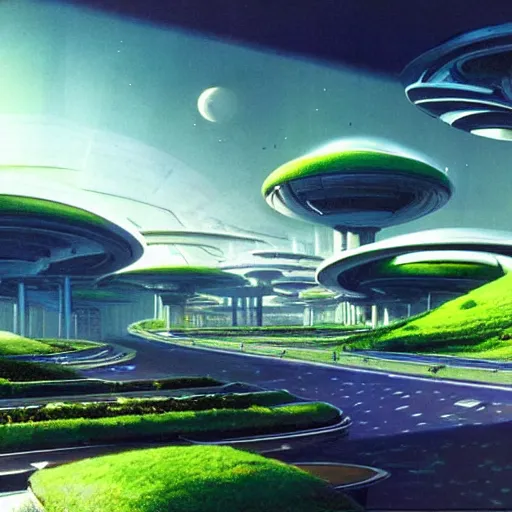 Image similar to beautiful matte painting of green gardens with roads on a futuristic sci-fi space station, cinematic angle, cinematic lighting, blue sky, by Syd Mead, John Harris, Federico Pelat