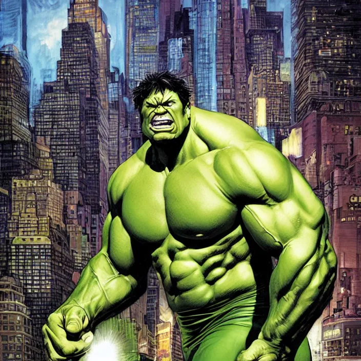 Image similar to a portrait of the incredible hulk looking angry in new york city by joe jusko, simone bianchi and alex ross dramatic lighting.