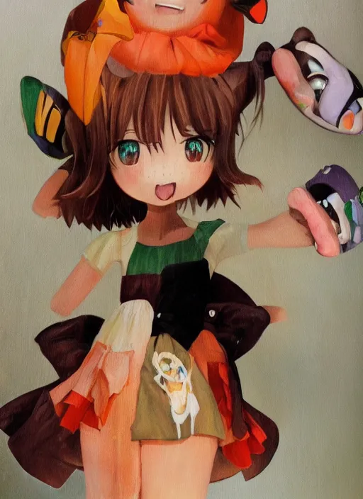 Image similar to a hyperrealistic oil painting of a kawaii anime girl figurine caricature with a big dumb grin featured on nickelodeon by dave mckean