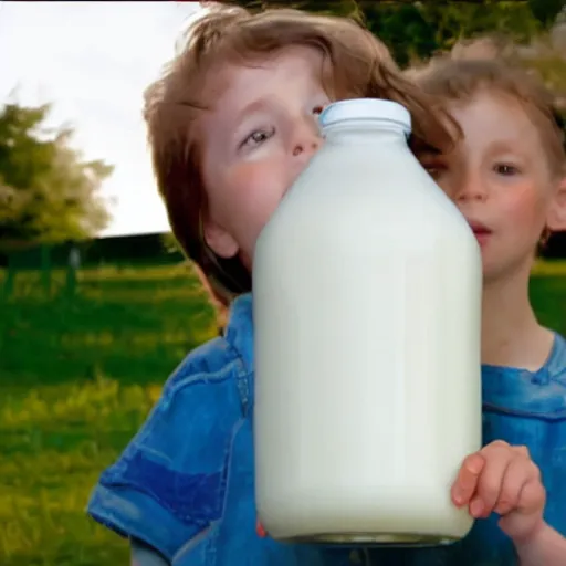 Image similar to milk commercial, kid is holding a comically huge vessel of milk and failing to drink it