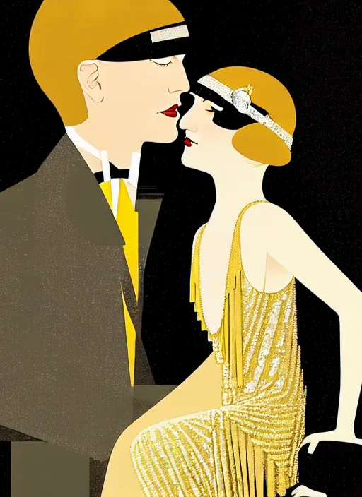 Prompt: a beautiful classy flapper couple, dimly lit upscale 1920s speakeasy, relaxed pose, fantasy, art deco, detailed painterly digital art style by Coles Phillips and Alfred Charles Parker, 🍸🍋, 8k octane beautifully detailed render, post-processing, extremely hyperdetailed, intricate, epic composition, grim yet sparkling atmosphere, cinematic lighting + masterpiece, trending on artstation, very detailed, vibrant colors