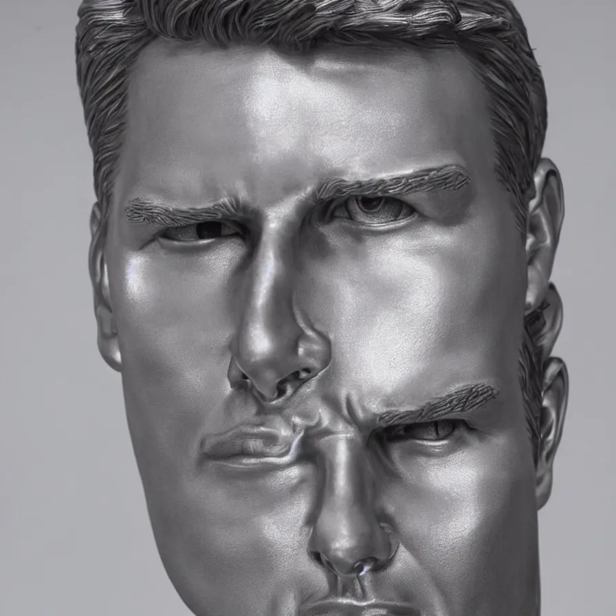 Prompt: studio photograph of hyperrealistic accurate portrait sculpture of tom cruise, beautiful symmetrical!! face accurate face detailed face realistic proportions, made of polished steel plate armor on a pedestal by ron mueck and frank frazzetta, hyperrealism cinematic lighting shocking detail 8 k