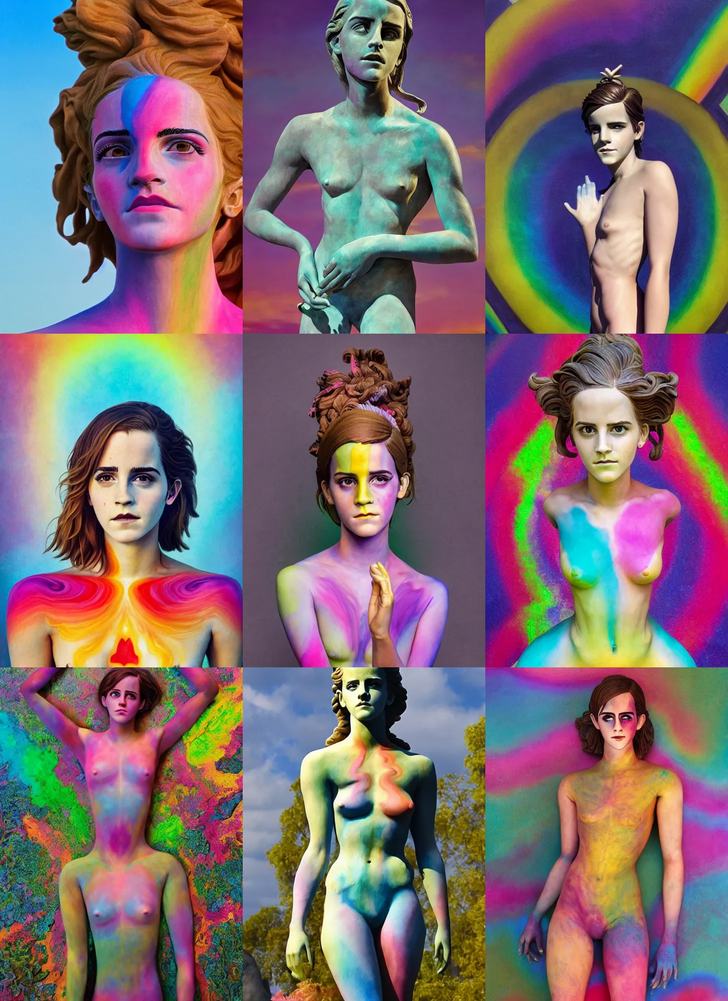 Prompt: full body statue of Emma Watson by Jean-Baptiste Carpeaux and Luo Li Rong and Michael James Talbot and roger dean, all body, perfect symmetrical face, colorful, psychedelic psychedelic psychedelic colors, fresh rainbow bodypainting, synthwave, in full growth, elegant, realistic, 8K, female full-skin figure, hyperrealism, subsurface scattering, raytracing, rim light, Octane Render, Redshift, Zbrush, complex psychedelic glitch background