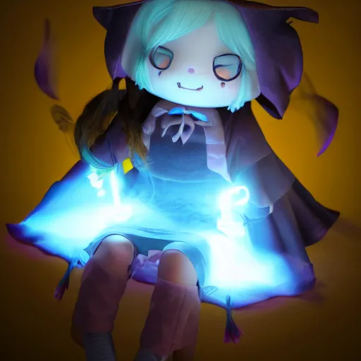 Image similar to cute fumo plush of a girl casting a summoning spell, witch, glowing, vray