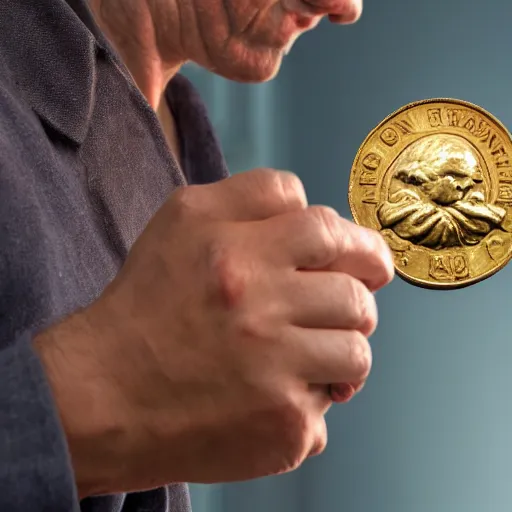 Image similar to a closeup photorealistic photograph of a happy George Washington inspecting small gold Doubloon coins at his home on Cherry Street. This 4K HD image is Trending on Artstation, featured on Behance, well-rendered, extra crisp, features intricate detail and the style of Unreal Engine.