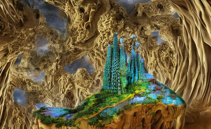 Prompt: an awesome cake designed in heavenly city with lush walkways, beautiful bioarchitecture design by kedem pitsou, m. c. escher, gaudi sagrada familia, and bisti badlands, emerald gold and beksinski, highly detailed, bokeh, beautiful, artstation