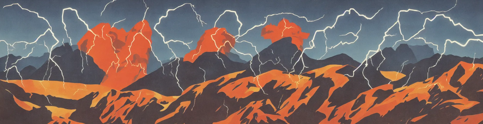 Image similar to solar montain with one lightning bolts in 1940s propaganda poster