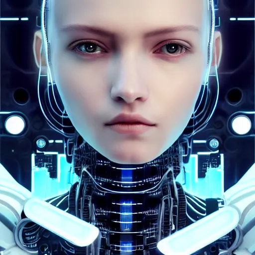 Image similar to centered portrait of an ultra detailed Mechanical Cyberpunk Female Android, looking into the camera!!, intricate, elegant, super highly detailed, professional digital painting, artstation, concept art, smooth, sharp focus, no blur, no dof, extreme illustration, Unreal Engine 5, Photorealism, 8k, cinematic, art by artgerm and greg rutkowski and alphonse mucha and loish and WLOP