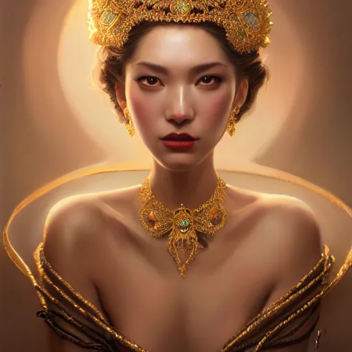 Prompt: expressive oil painting, of alluring european princess, seductive look, smooth glowing skin, glistening body, love, adoration, ornate headpiece and earrings made from beads, glamour shot, by yoshitaka amano, by greg rutkowski, by jeremyg lipkinng, by artgerm, digital art, octane render, white dress