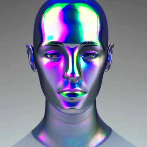 Image similar to 3d render of holographic human robotic head made of glossy iridescent, surrealistic 3d illustration of a human face non-binary, non binary model, 3d model human, cryengine, made of holographic texture, holographic material, holographic rainbow, concept of cyborg and artificial intelligence