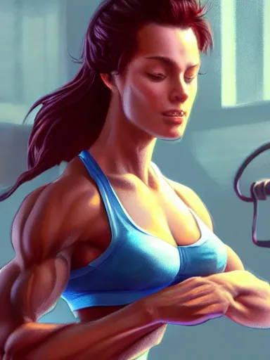 Image similar to a beautiful woman working out in the gym. intricate, elegant, highly detailed, digital painting, artstation, cinematic shot, concept art, sharp focus, illustration, by justin gerard and artgerm, 8 k