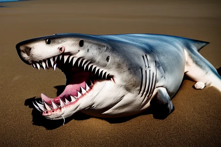 Image similar to professional photo of a shark body and canine wolf muzzle head half wolf half shark strange chimera discovered on the beach