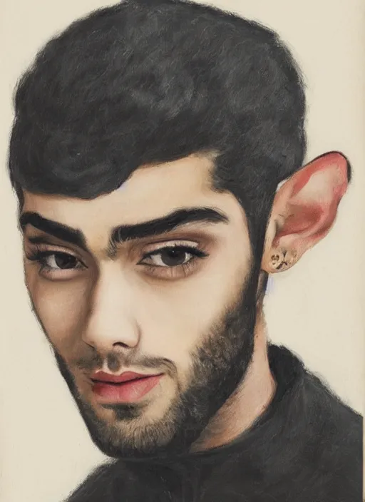 Image similar to portrait of zayn malik as an elf by charles angrand, only one head single portrait, pointy ears, wearing a black leather collared jacket