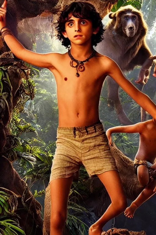 Prompt: young timothee chalamet plays mowgli in the live action adaptation of the jungle book, 3 5 mm photography, highly detailed, cinematic lighting, 4 k