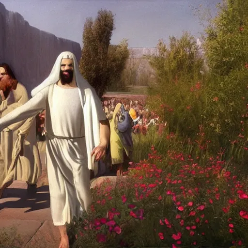 Prompt: A painting depicting the resurrection of Jesus Christ, (Jean Jules Linden), Peter Ilsted, (flowers), monolith, (((Unreal Engine))), Religious painting, pedestrians, Wayne!!! Barlow!!!