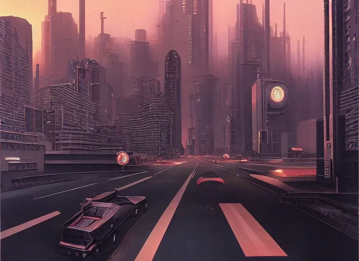 Prompt: 5 cars driving down a street in the city of Eindhoven next to tall buildings the night at 8:00 am, cyberpunk art by Chesley Bonestell, cgsociety, retrofuturism, matte painting, reimagined by industrial light and magic