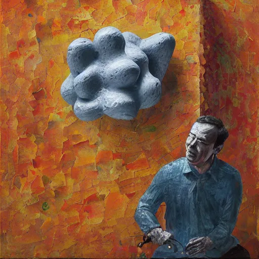 Image similar to an impasto painting by shaun tan of an abstract sculpture by the caretaker and jeff koons