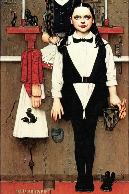 Image similar to wednesday addams from the addams family painted by norman rockwell