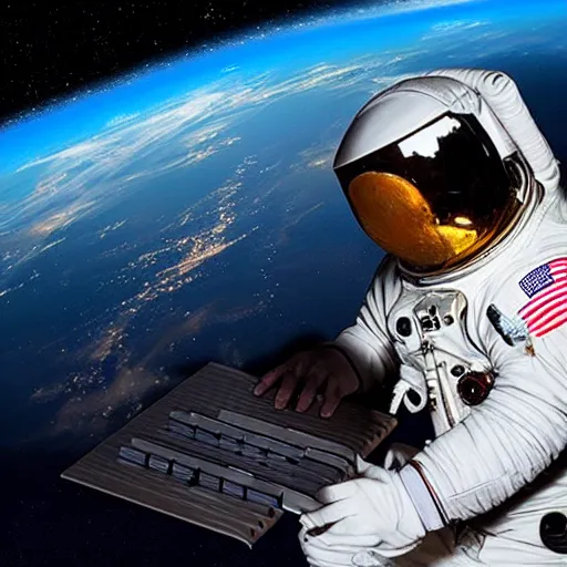 Prompt: an astronaut with headphone playing a keyboard in space