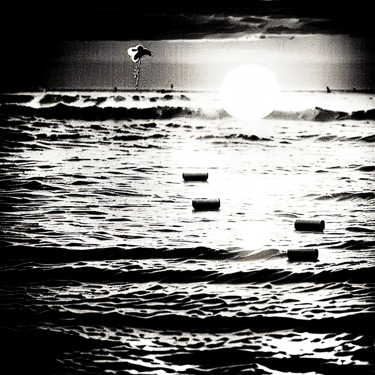 Image similar to corn floating in ocean, waves, sunrise, vintage coutry style, black and white, detailed