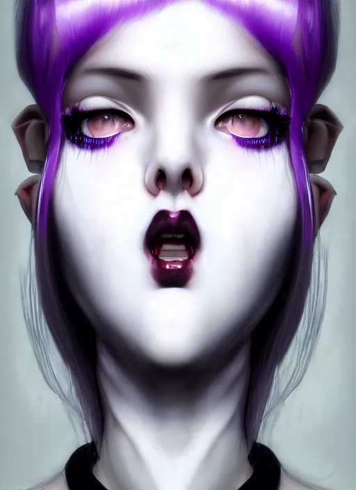 Image similar to whitebangs, black hair, black cyberlox, portrait of white teenage girl, normal face, white bangs, fluffy bangs, cyberlox, whitebangs, red contact lenses, purple lipstick, intricate, elegant, highly detailed, digital painting, artstation, concept art, sharp focus, smooth, illustration, art by wlop, mars ravelo and greg rutkowski