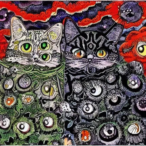 Image similar to A collaboration manga between Louis Wain and Junji Ito