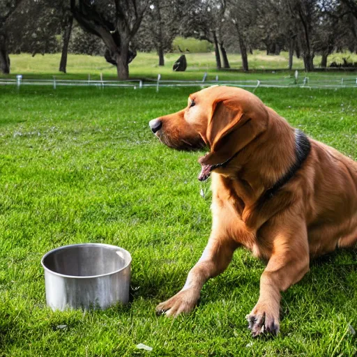 Image similar to a dog getting a treat on a meadow