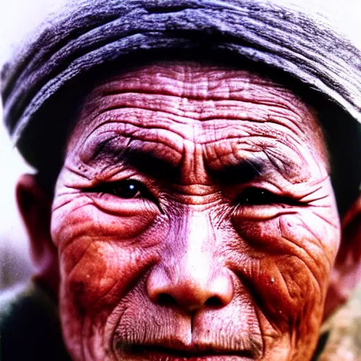 Prompt: ultra realistic vintage photo portrait of a tibetan man, by Annie Leibovitz, a deep bloody hole on the middle of his forehead