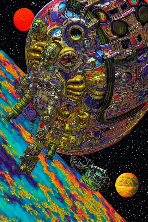 Image similar to maximalist detailed space scene lowbrow scifi artwork by kidsquidy influenced by glenn brown. ray tracing hdr polished sharp