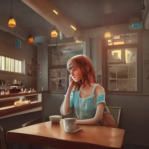 Image similar to Photo of girl at the cafe, artstation, highly detailed, digital art, by samdoesarts, volumetric lighting