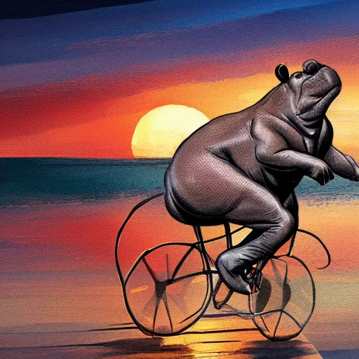 Image similar to a concept art of a hippopotamus riding a bike in the sunset