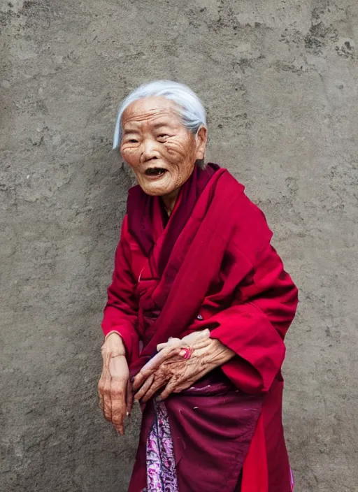 Image similar to Mid-shot portrait of a 70-year-old woman from Tibet wearing a traditional outfit, candid street portrait in the style of Martin Schoeller award winning, Sony a7R