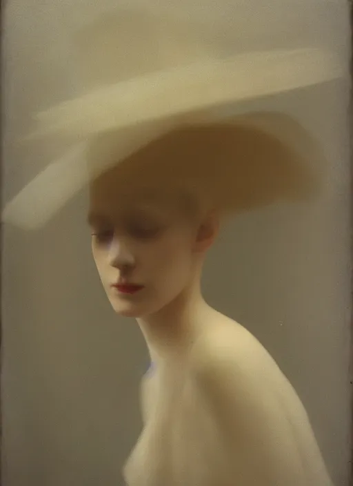 Prompt: out of focus photorealistic portrait of a beautiful pale young woman by sarah moon, very blurry, translucent white skin, closed eyes, foggy, closeup, with a weird hat, no lipstick