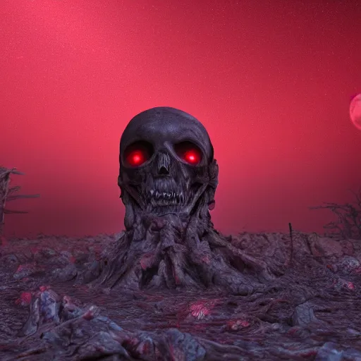 Image similar to new planet, red, red sky, depth, creepy, monsters, eyes, graveyard, death, dead, red eyes, 8k, hyperrealistic, depth, vray, high resoulution, deathly