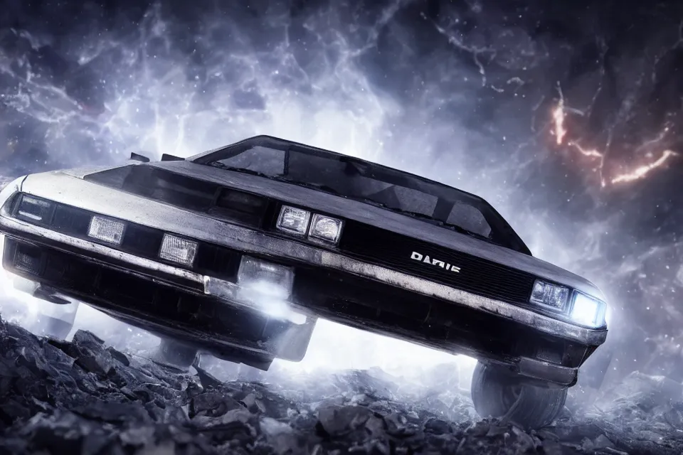 Image similar to ultra realistic delorean dmc 5 drifting on remote ancient highway wreckage in space, dark cinematic, volumetric, realistic, 3 d render, realistic render, cinematic lighting, volumetric lighting, atmospheric, cinematic, unreal engine 5, unreal engine render, octane render, hd, photorealism, hyper realistic, 8 k