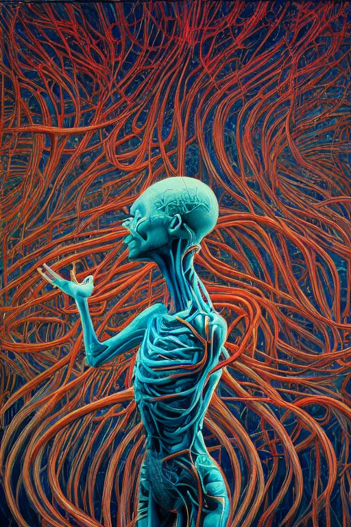 Prompt: a tall, fleshy, anatomical figure, with arteries as roots, hovering in the air, zero gravity, bursting neon stars, hauntingly surreal, highly detailed painting by james jean, part by gerhard richter, intricate detail, extremely detailed, hyper realism, simon stalenhag, beksinski painting,